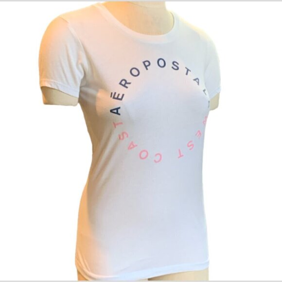 Aeropostale Graphic Logo Tee White Blue & Pink  Womens Jr M #38L - Picture 2 of 8